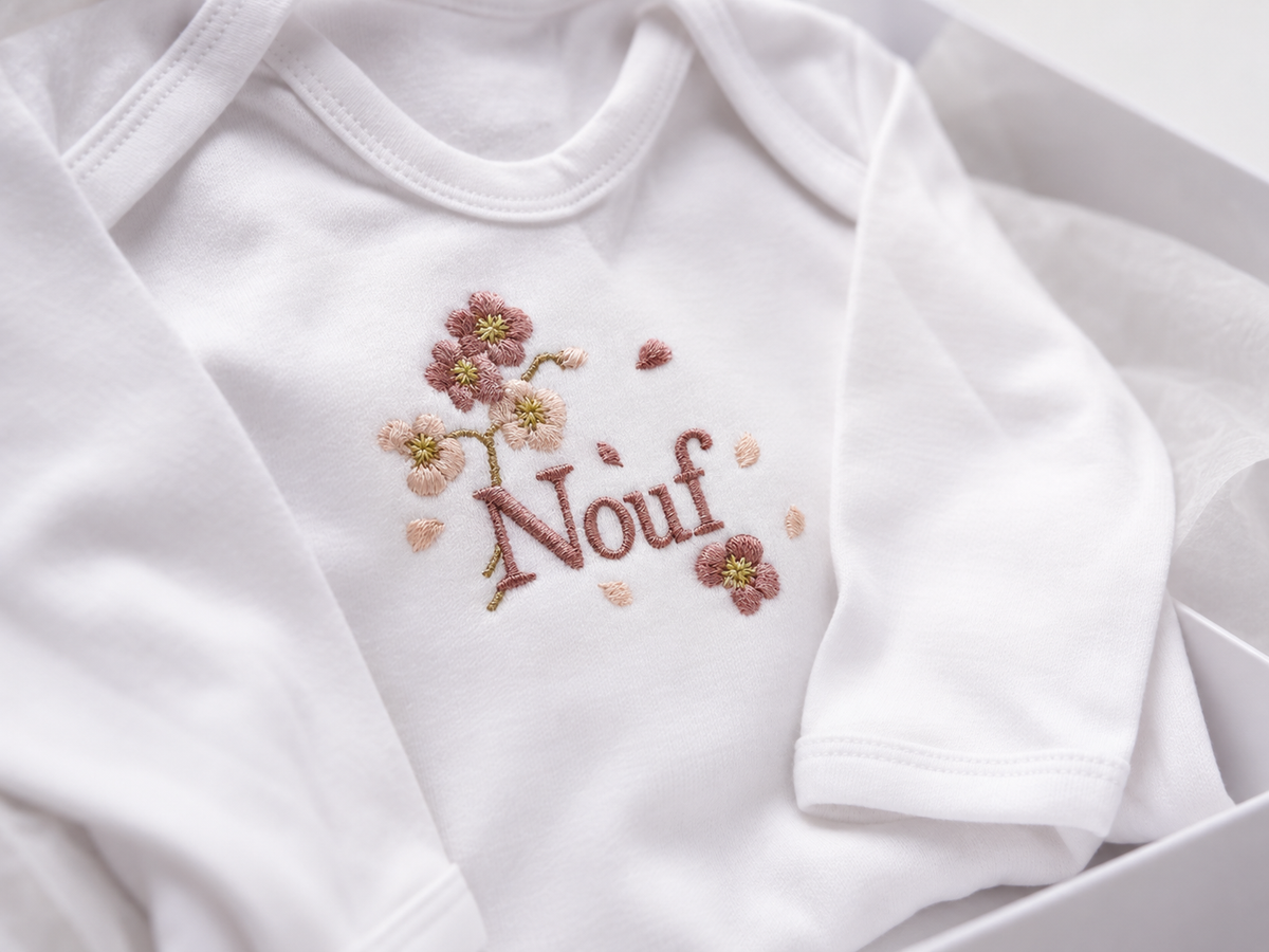 A close up of the blossom personalised Baby Romper: luxury romper suit embroidered to order in Britain with you baby's name and a tumbling cherry blossom design