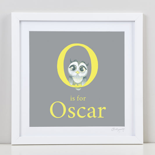 Framed personalised O is for Oscar Yellow and Grey print 