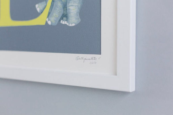 Signed yellow and grey alphabet print