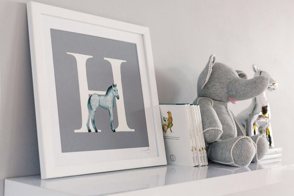 Framed H is for Horse personalised grey and white Letter print 