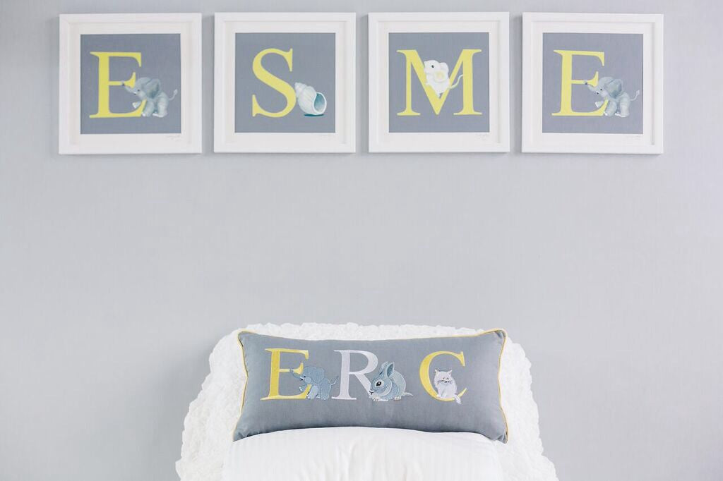 Yellow, grey and white decor, personalised framed prints and cushion for little girls bedroom