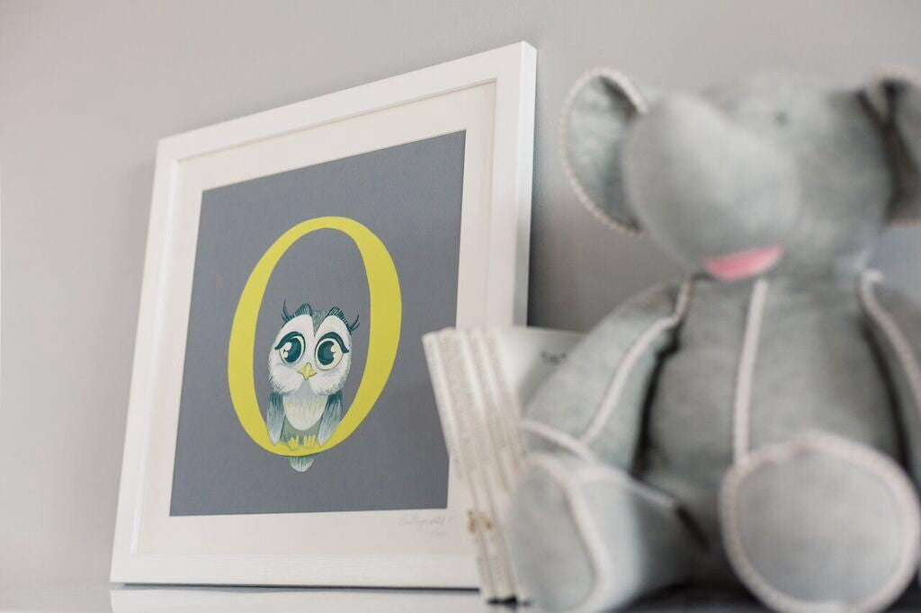 Yellow and Gray Owl framed print for children's bedroom 