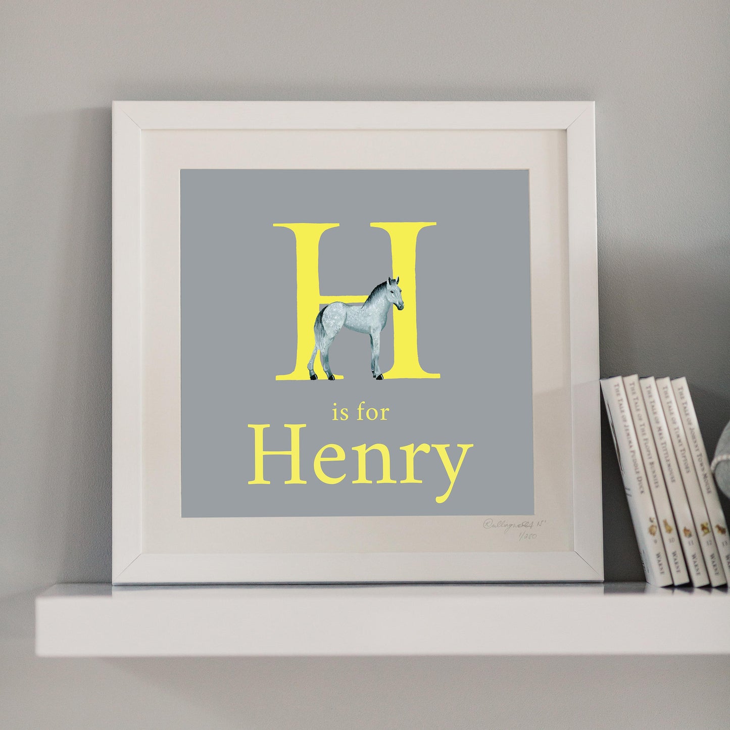 Framed H is for Horse and Henry personalised grey, yellow and white Letter print perfect gift