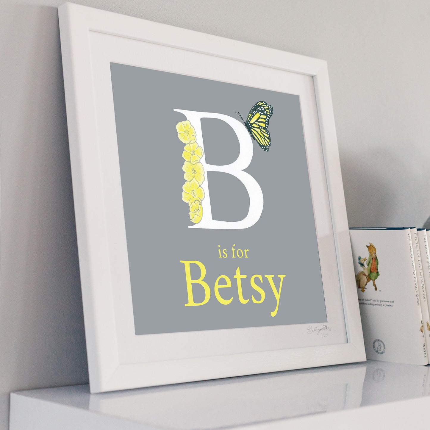 B is for Betsy and butterfly grey and yellow alphabet print